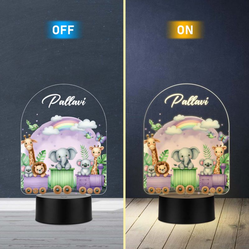 Personalized Safari Animal Train UV Print Night Light Custom Name Kids Nursery Lamp